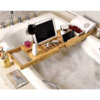 Extendable Bamboo Bathtub Caddy with Removable Bambu Soap Dish Towel Holder