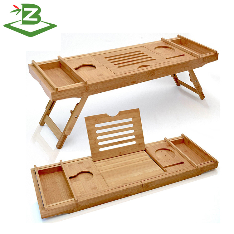 Bamboo Bathtub Caddy Tray Laptop Desk with Foldable Legs  2 in 1 Wisdom Design ,with Extending Sides