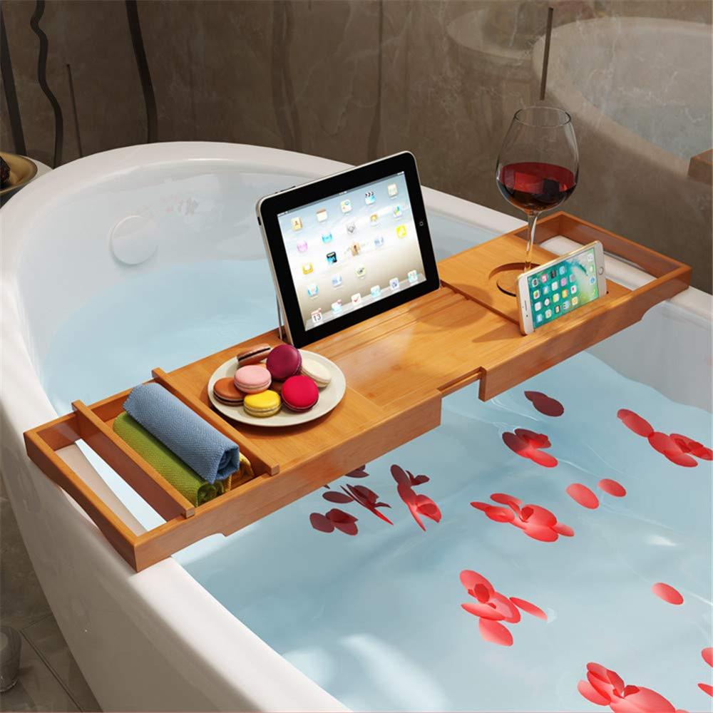 Wood Bamboo Luxury Bath Caddy for Your Book, Tablet or Smartphone - Bathtub Tray with Extending Arms