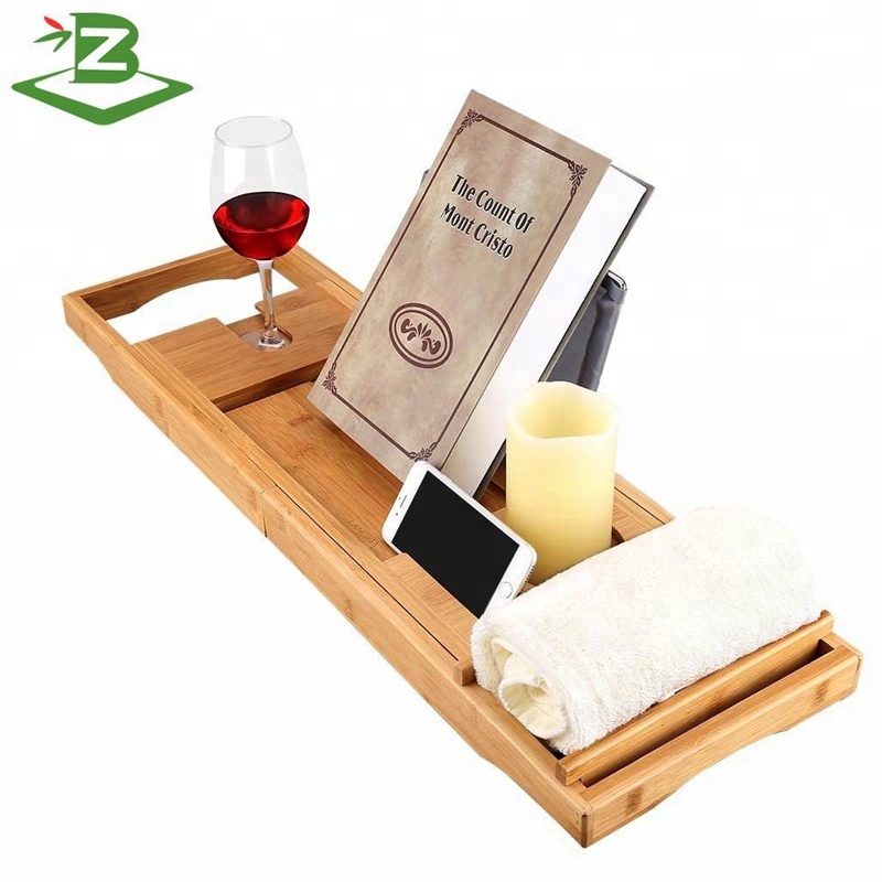 Bamboo adjustable bathtub shower caddy tray with tablet/ book holder_FSC & BSCI Factory