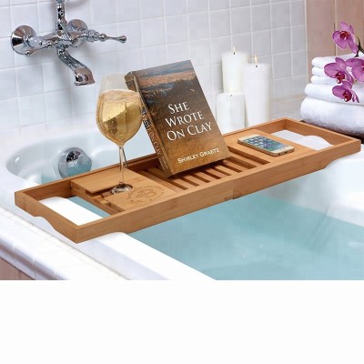 Bamboo adjustable bathtub shower caddy with tablet/ book holder