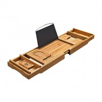 extension bamboo wooden bathtub caddy tray with soap dish wine holder and towel rack